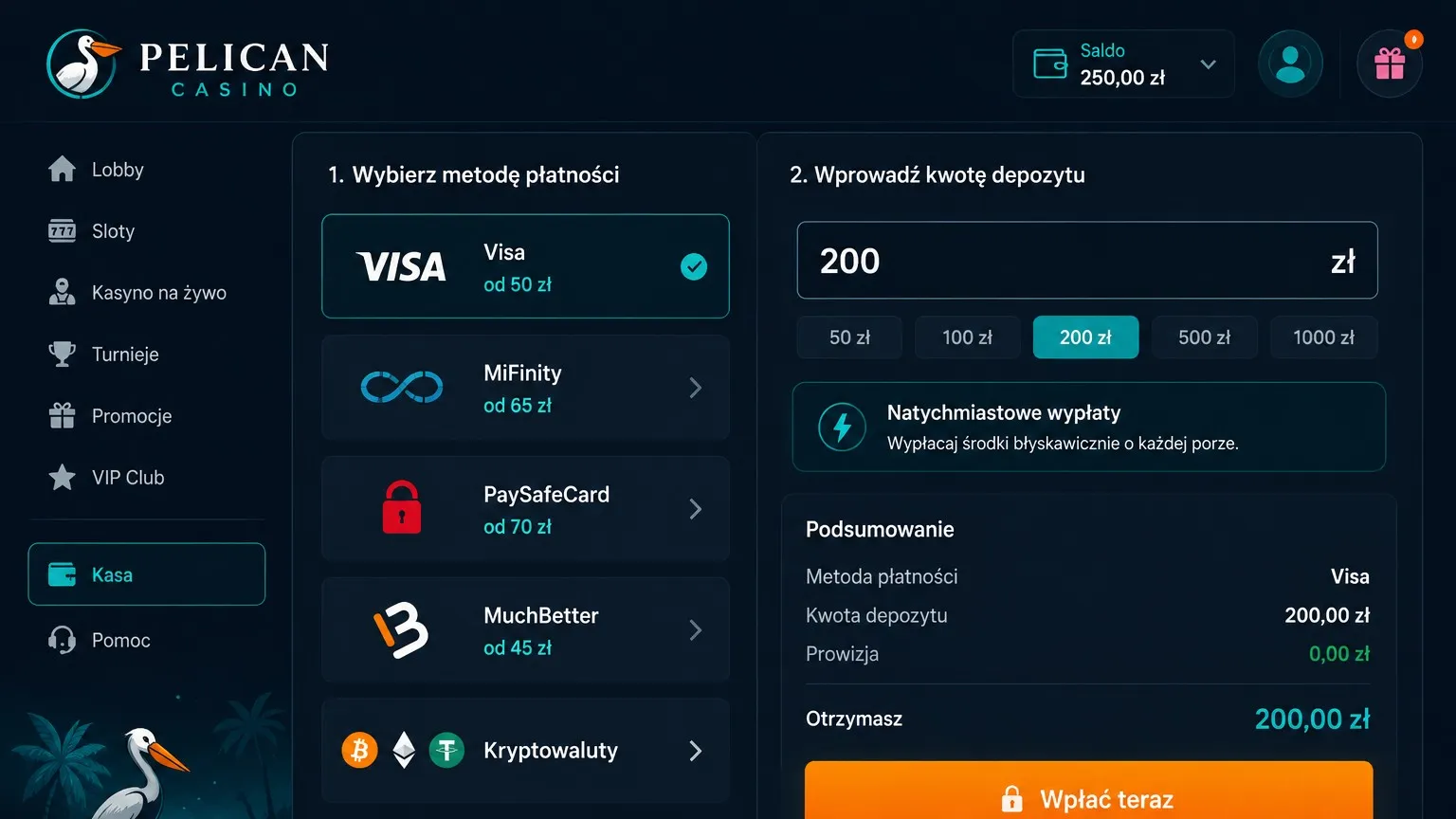 Metody płatności w PC Pelican Casino